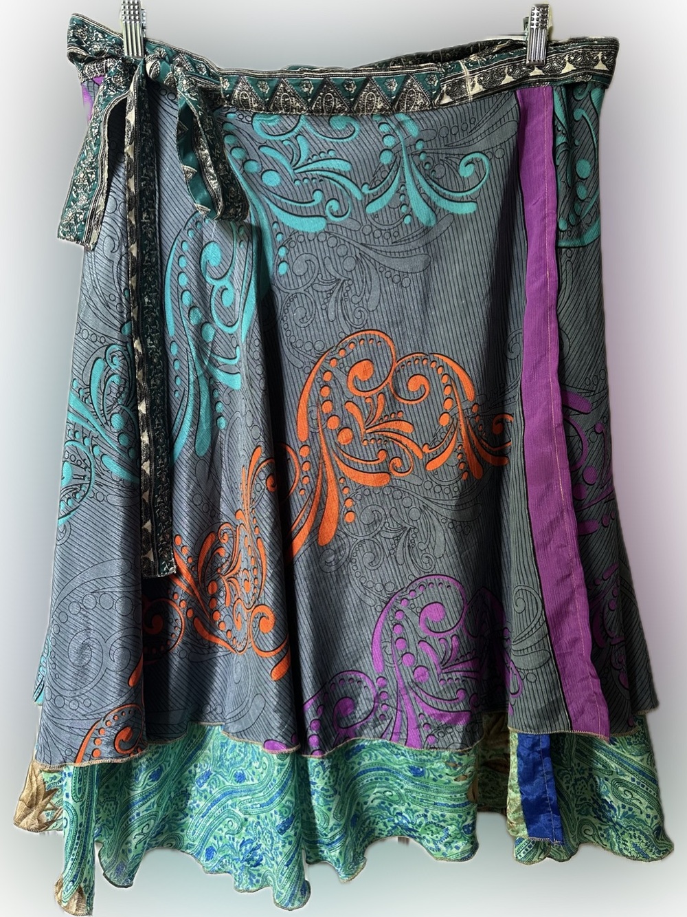 Boho Paisley Wrap Skirt with Teal, Orange & Purple Accents